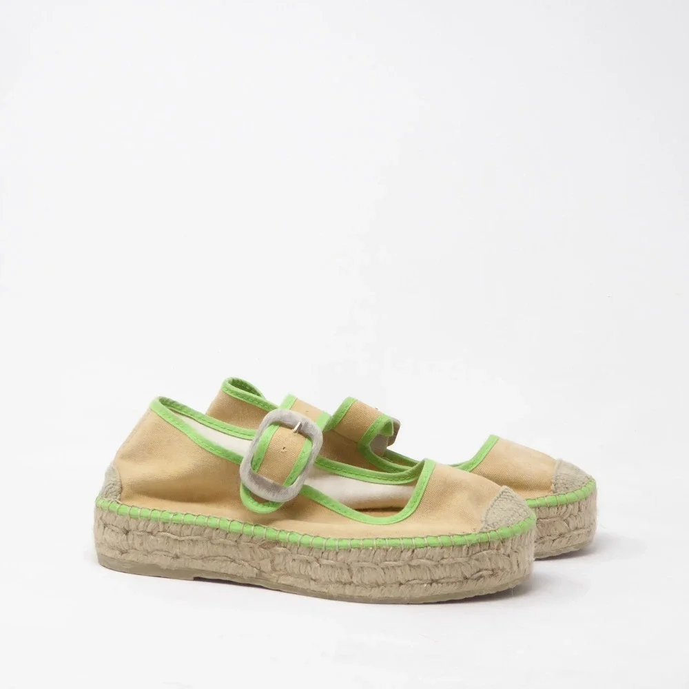 Free People Surfside 2.0 Espadrille Mary Jane Tan Green Buckle Platform 37 / 6.5